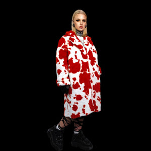 Cow print faux fur long coat hooded spot print trench rave bomber detachable fleece festival removable sleeves burning man jacket red white