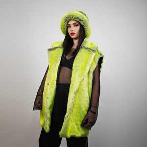 Luminous faux fur coat neon green trench oversize lemon jacket festival overcoat fluorescent peacoat rave bomber psychedelic party fleece