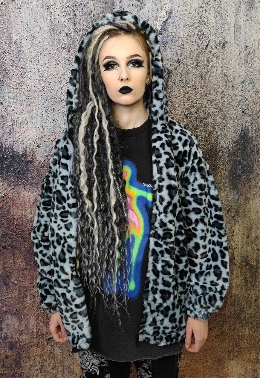 Leopard fleece jacket in grey animal print hooded bomber