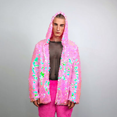 Pink sequin jacket hooded mermaid bomber holographic pullover luminous festival coat rave top fairy overcoat carnival sweatshirt