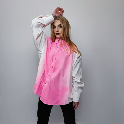 Tie-dye shirt long sleeve paint splatter blouse shoulder padded oversize jumper gradient sweatshirt loose blouse in pink white