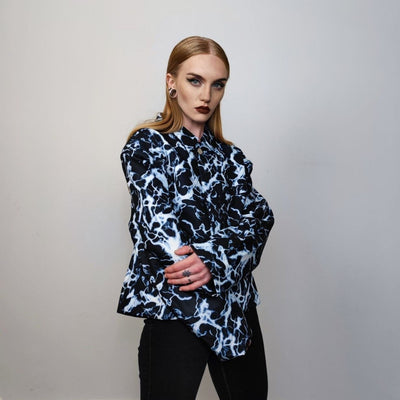 Thunder print jacket catwalk blazer utility going out bomber abstract print fancy dress varsity space pattern coat in black blue