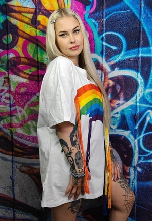 Rainbow t-shirt pride top reworked thread gay tee in white