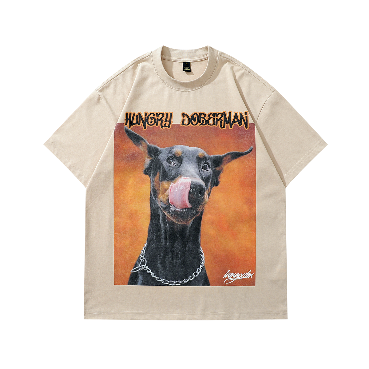 Hungry Doberman t-shirt pinscher print tee retro dog top in Beige