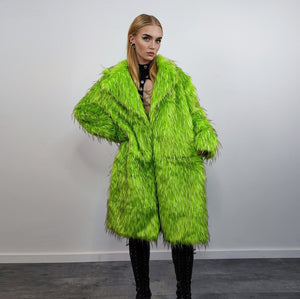 Shaggy faux fur longline coat neon trench bright raver bomber fluffy winter fleece luminous festival jacket burning man fuzzy coat in green