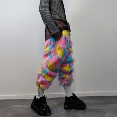 Marshmallow faux fur joggers raver pants fluffy rainbow trousers ski fleece tie-dye unicorn overalls festival bottoms burning man pants pink