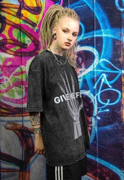 Skeleton t-shirt bones print tee punk skull top in acid grey