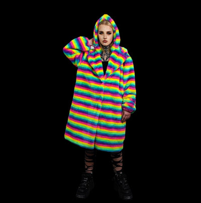 Rainbow coat hooded Gay pride trench striped rave bomber detachable fleece fluorescent festival bomber removable sleeves burning man jacket