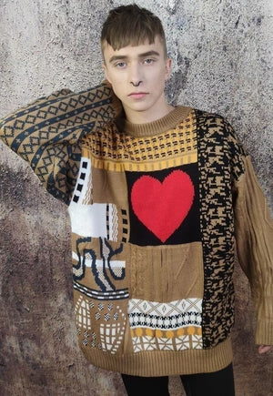 Heart pattern sweater love vintage cable knit jumper brown