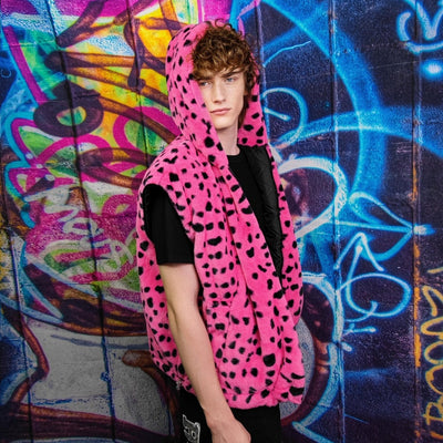 Leopard fleece jacket handmade detachable neon fluffy geometric bomber faux fur animal print coat in 2 in 1 festival jacket pink black