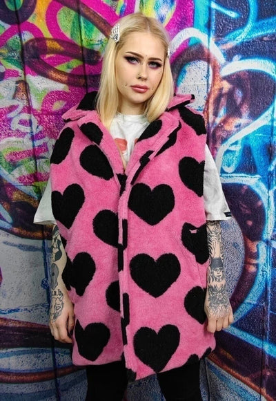 Heart fleece coat handmade 2 in1 detachable rave jacket pink