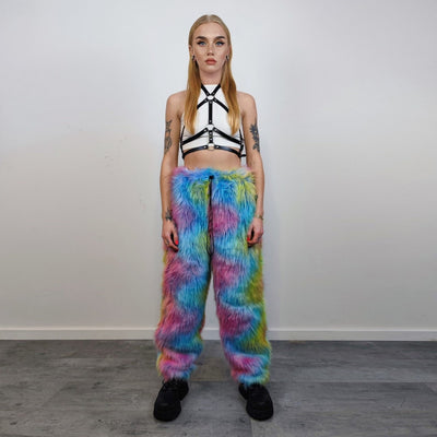 Rainbow faux fur joggers unicorn raver pants fluffy psychedelic trousers ski fleece tie-dye overalls festival bottoms burning man pants blue