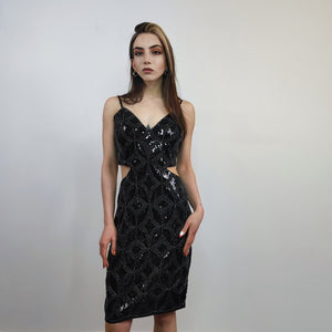 Sleeveless sequin dress cut-out gown open chest sundress embellished frock luxury going out sheath one size fancy dress blouse black