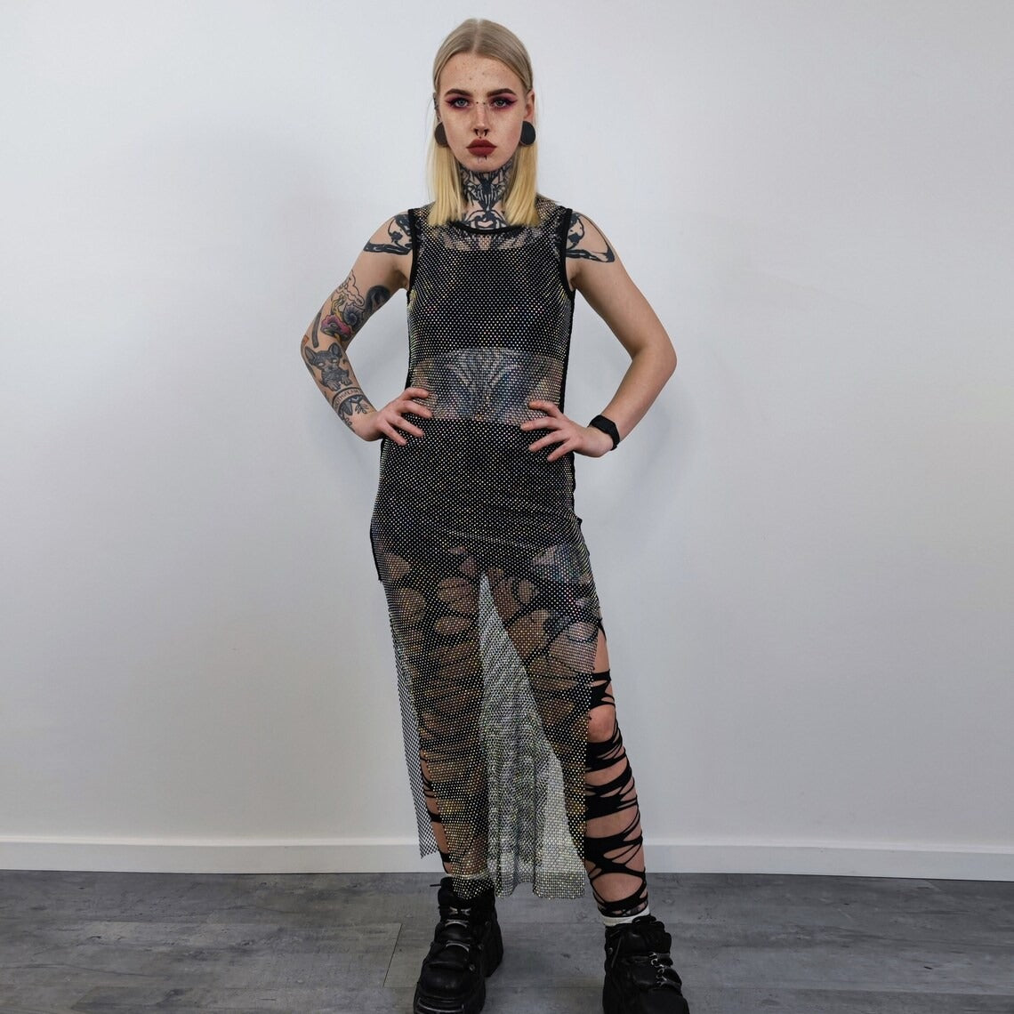 Transparent mesh dress sleeveless rhinestone embellished gown glitter sundress see-through crystal frock split sheath sheer diamante blouse