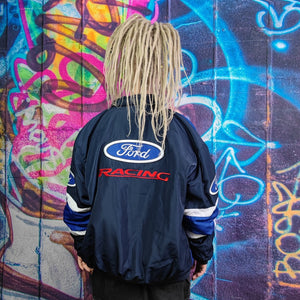Racing jacket blue motorsports bomber Ford varsity multi patch motorcycle puffer vintage car letterman grunge patchwork F1 coat