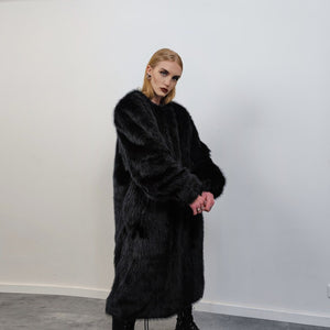 Long faux fur coat handmade fluffy luxury bomber premium fleece jacket detachable sleeve trench in black