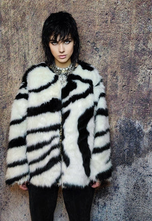 Collarless faux fur jacket fluffy zebra coat stripe bomber