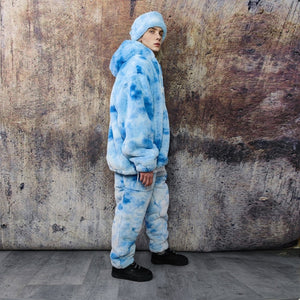 Tie-dye fleece jacket handmade pastel faux fur coat rave jacket premium fluffy 2 in 1 hooded festival bomber detachable puffer in sky blue