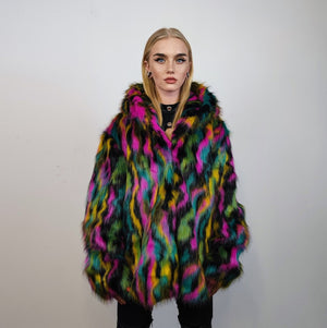 Hooded faux fur striped neon jacket zebra bomber raver puffer fluffy tie-dye fleece festival trench burning man going out overcoat in black