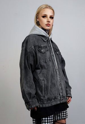 Hooded denim jacket faded gorpcore jean coat in washed grey