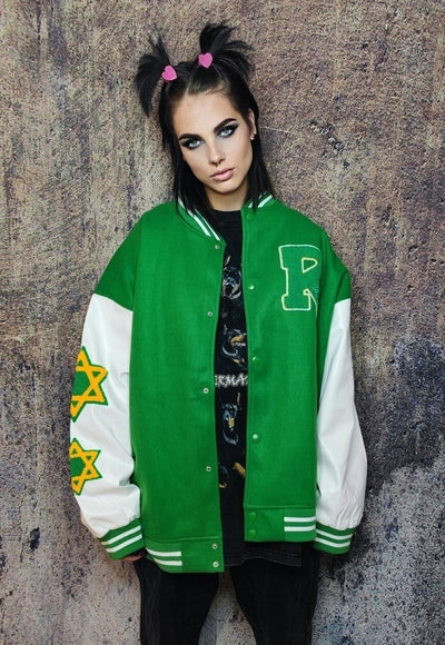 Pentagram patch varsity jacket college baseball bomber green