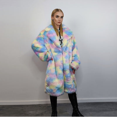 Faux fur long unicorn coat rainbow trench pastel raver bomber fluffy winter tie-dye fleece festival jacket burning man barbie coat pink blue