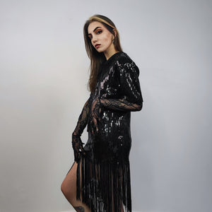 Oversize sequin dress drop shoulder fringed gown tassels sundress embellished baggy frock luxury going out sheath one size fancy blouse