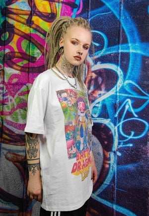 Dragon girl print t-shirt Anime tee graffiti retro top white