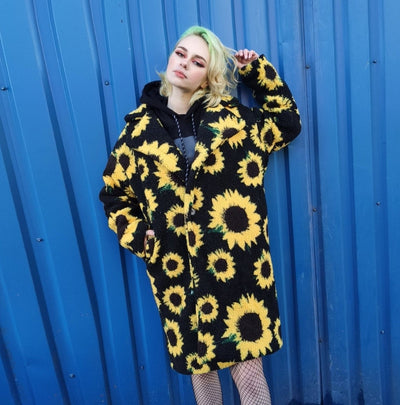 Floral fleece coat sunflower trench daisy pattern overcoat yellow rave bomber festival party jacket custom peacoat in yellow black