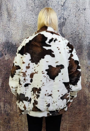 Cow fleece jacket faux fur fluffy animal print bomber brown