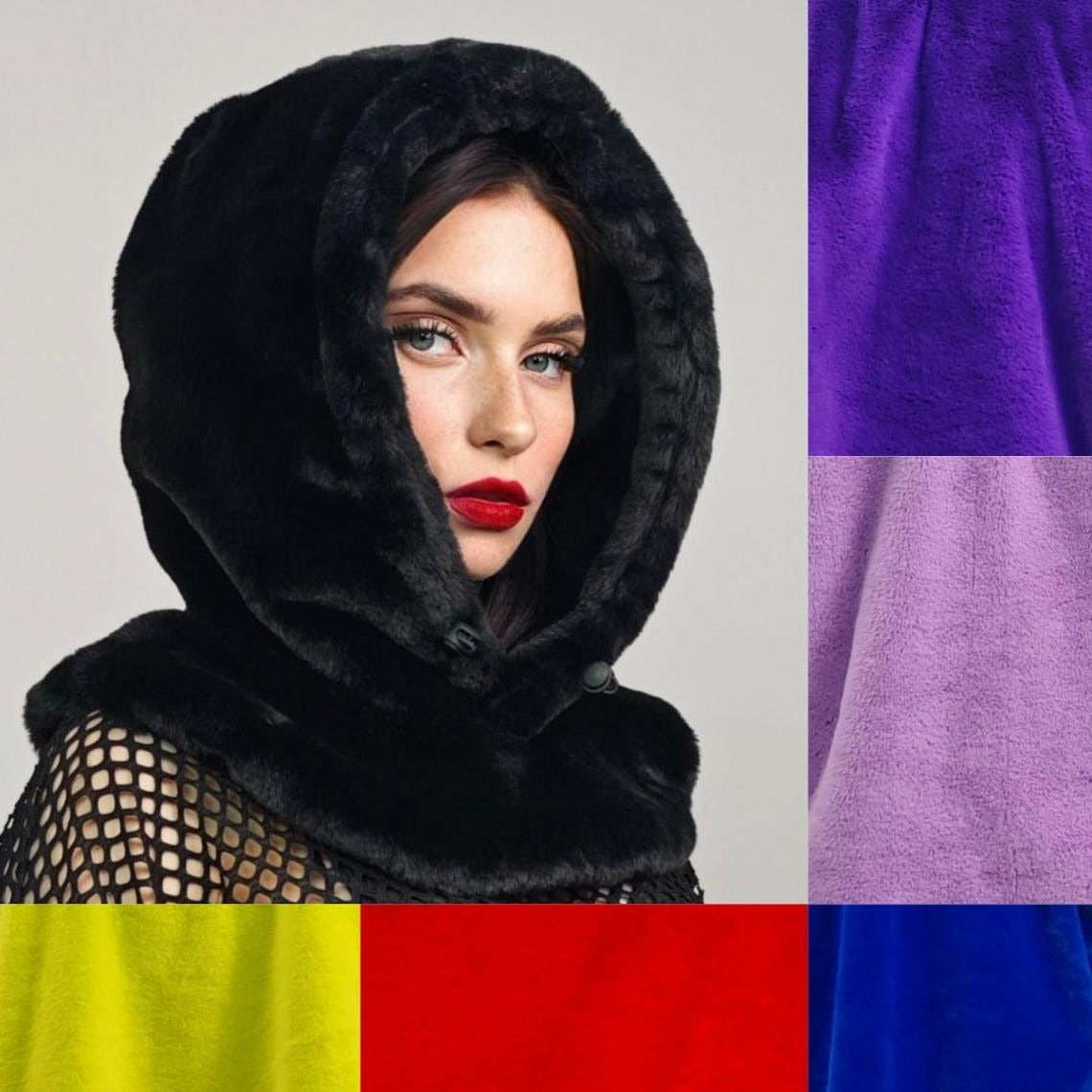Faux fur hood black snood handmade hooded hat all over fluffy fleece scarf unisex bucket grunge headwear