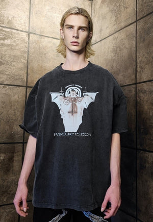 Gothic t-shirt premium vintage wash Jesus bat print tee grey