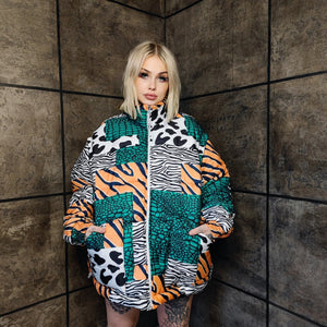 Cow bomber handmade detachable zebra puffer devil horn jacket animal print coat reversible jacket in green white stripe