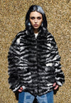 Faux fur zebra coat tie-dye stripe fleece bomber jacket grey