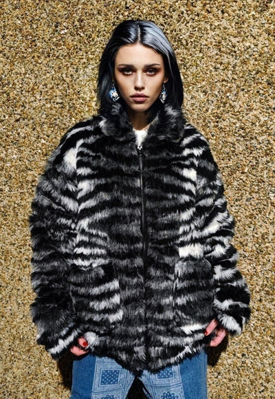 Faux fur zebra coat tie-dye stripe fleece bomber jacket grey