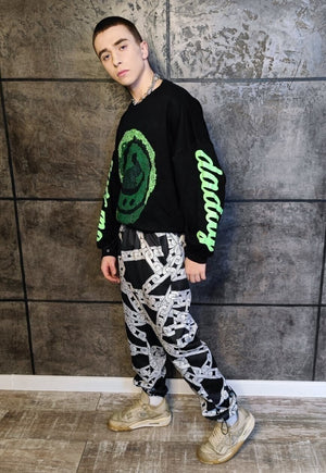 Chain print joggers handmade barbered wire overalls in black