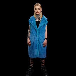 Neon faux fur long coat hooded trench bright raver bomber detachable fleece festival removable sleeves burning man jacket in electric blue