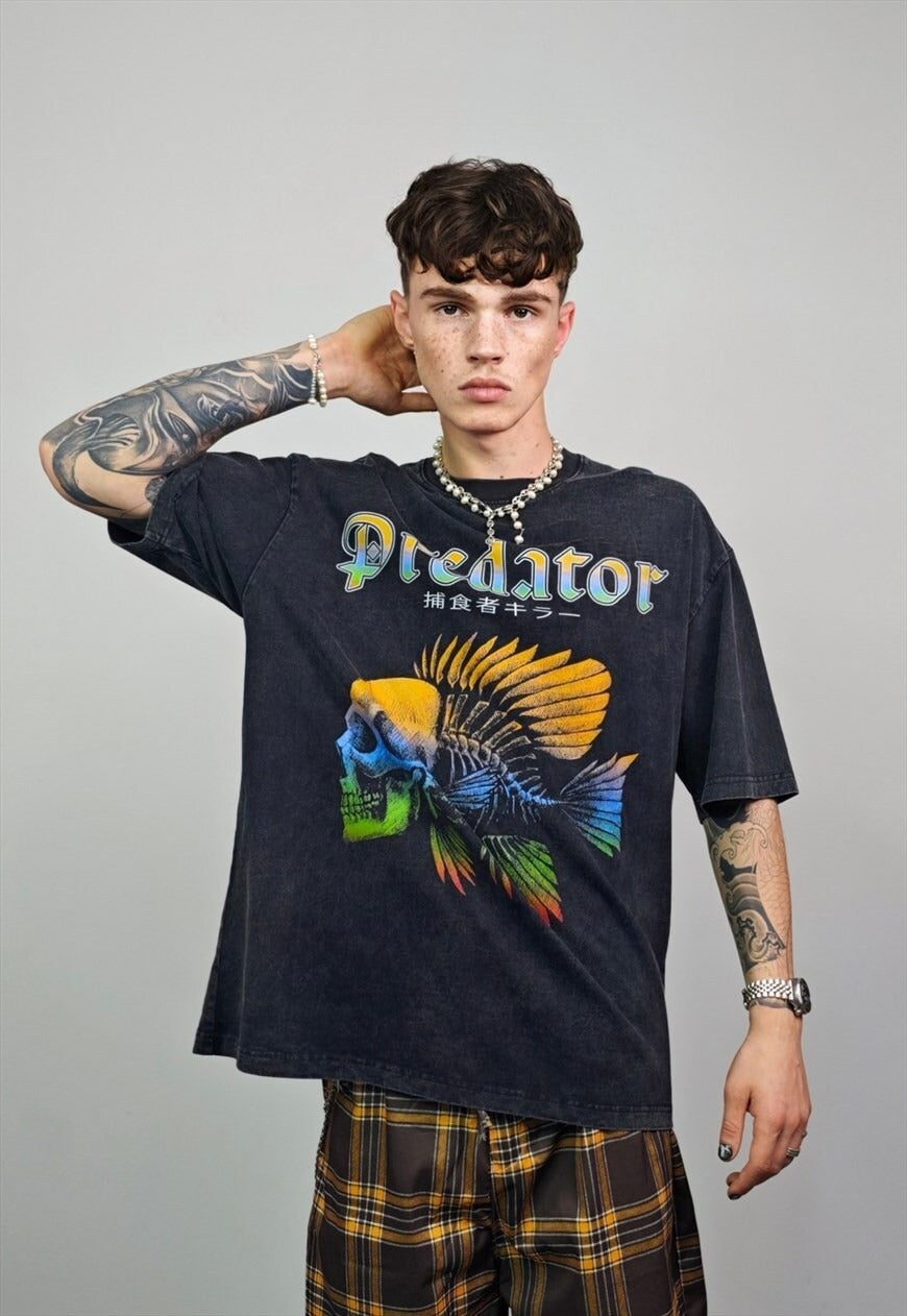 Fish bone t-shirt predator slogan tee retro top vintage grey