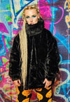 Faux fur bomber jacket reversible check print puffer black