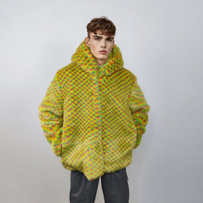 Checked faux fur hooded jacket geometric bomber bright raver coat fluffy winter fleece festival puffer neon burning man hoodie in yellow