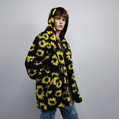 Sunflower fleece coat daisy trench floral pattern overcoat detachable sleeves rave bomber festival party jacket custom peacoat yellow black