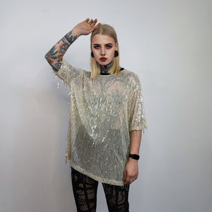 Metallic sequin t-shirt fringed top sparkle jumper party pullover glam tassels jumper fancy dress embellished going out sheer glitter tee