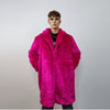 Neon faux fur longline coat shaggy trench bright raver bomber fluffy winter fleece festival jacket burning man coat in fuchsia pink