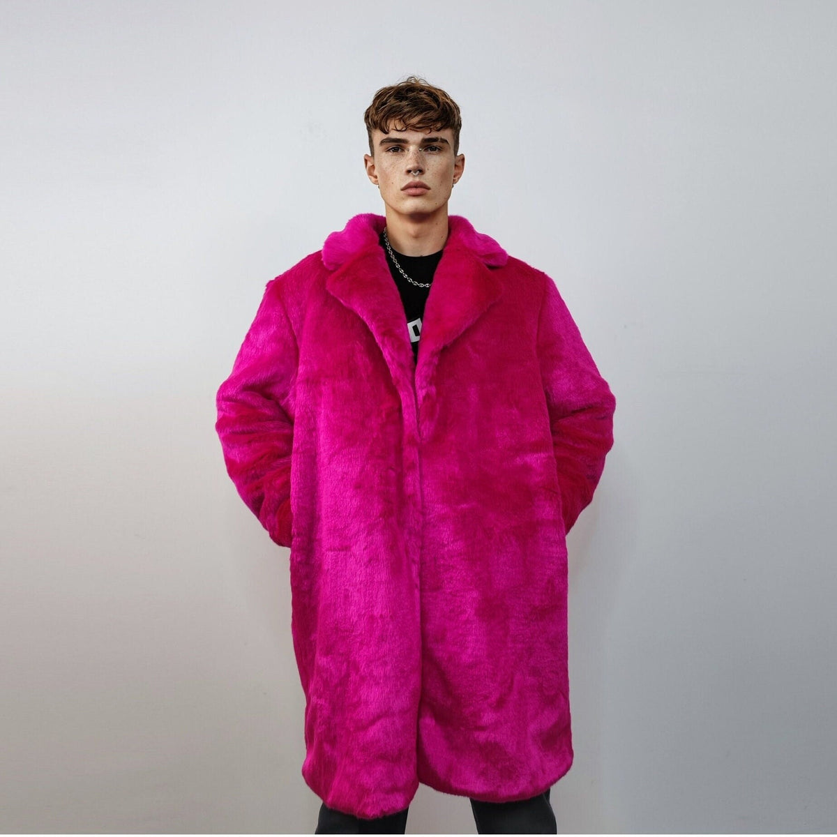 Neon faux fur longline coat shaggy trench bright raver bomber fluffy winter fleece festival jacket burning man coat in fuchsia pink