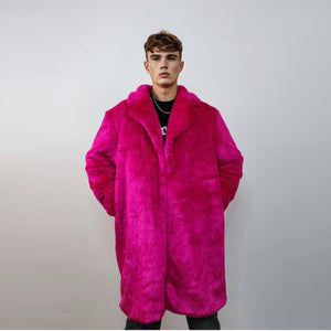 Neon faux fur longline coat shaggy trench bright raver bomber fluffy winter fleece festival jacket burning man coat in fuchsia pink