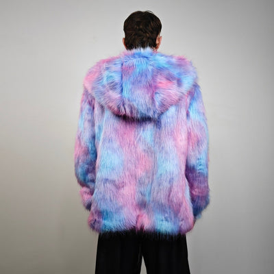 Neon faux fur jacket collarless pastel coat bright raver bomber fluffy rainbow fleece luminous festival pullover burning man overcoat blue