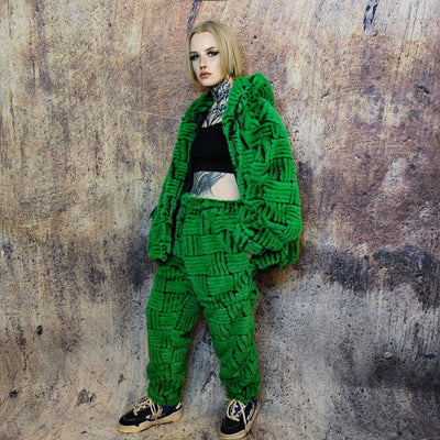 Faux fur joggers luxury detachable party pants handmade stripe pattern shorts fluffy check premium festival overalls in green black