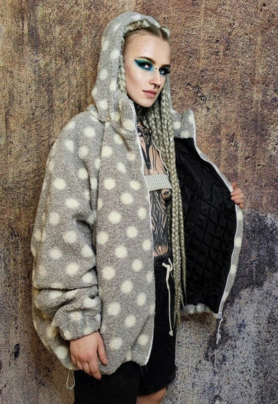 Polka dot fleece hooded jacket handmade retro fluffy coat