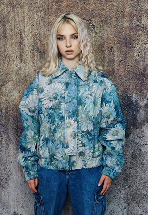 Floral print denim jacket shoulder padded crop jean bomber