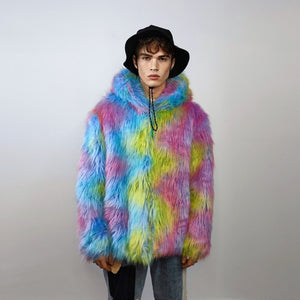 Hooded rainbow faux fur jacket unicorn bomber neon raver puffer fluffy tie-dye fleece psychedelic festival coat burning man going out trench